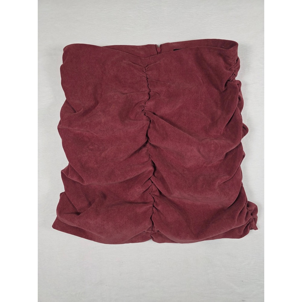 Zara Corduroy Ruched Mini Skirt High Waisted Large Burgundy Bodycon Fall Indie